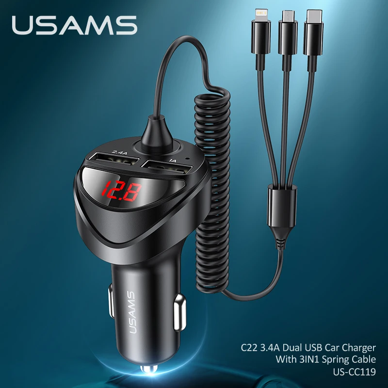 USAMS Dual USB Car Charger with 3 in 1 Spring Cable Fast Charging Type C USB Micro Digital Display for iPhone 15 14 13 12 Xiaomi