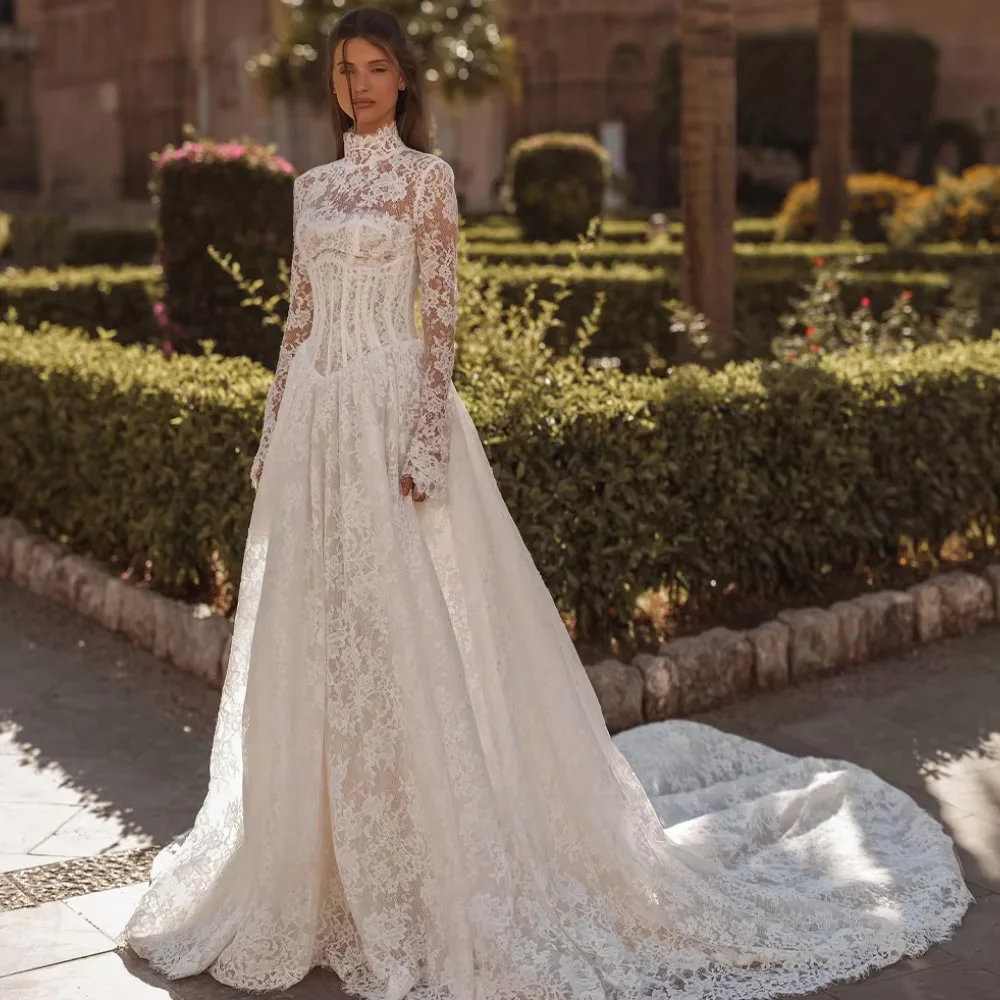 

Customized Classic Long Sleeves High Collar Wedding Dress Elegant A-Line Bridal Gown Temperament Appliques Lace Vestido De Novia