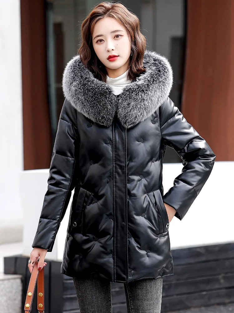 Down Sheepskin New Women Coat Winter 2023 Fashion Fox Fur Collar Medium Long Thick Warm Sheep Leather Down Coat Oversize Coat