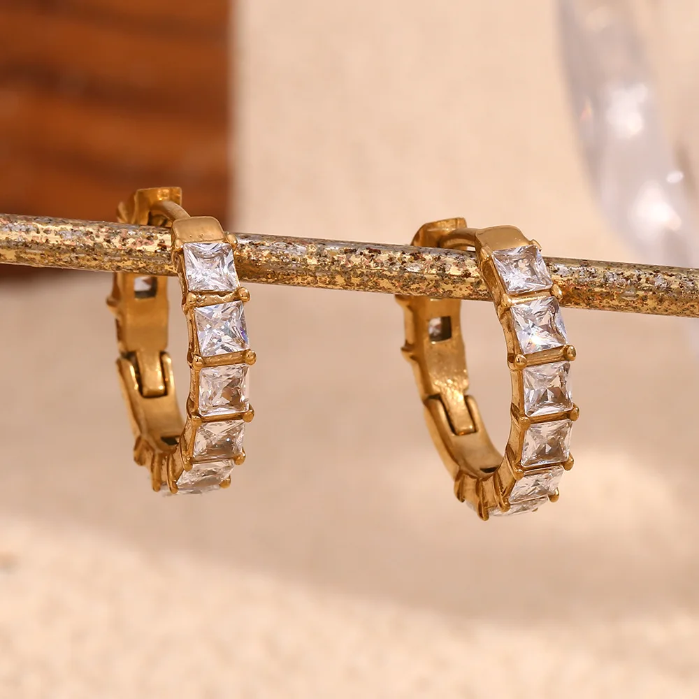 

Delicate Square Zircon Hoop Earrings Stainless Steel Gold Color Huggie Ear Buckle Luxury Gold Plated Jewelry for Women