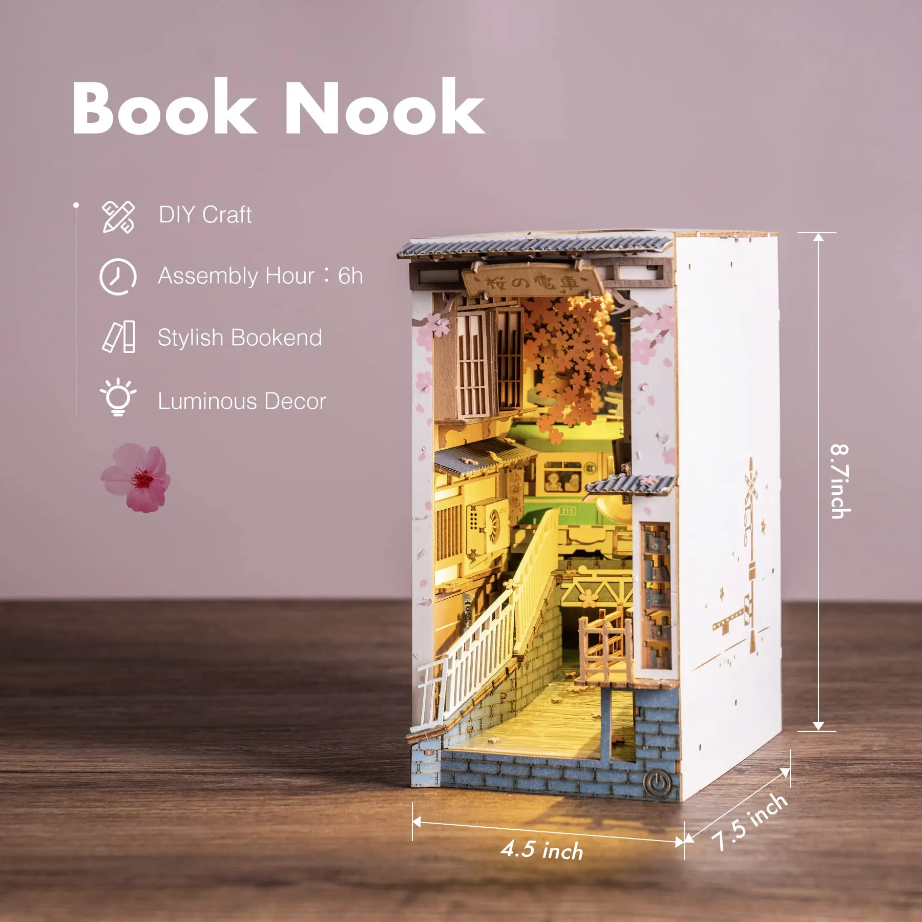 Rolife DIY 3D Wooden Book Nook Puzzle Kit with LED Bookend Diorama Miniature Bookshelf Set Ideal Gift for Adults And Teens