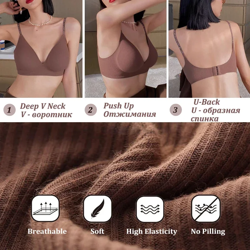 Women Sexy Seamless Bras Deep V Neck Bralette Sexy Lingerie Letter Strap Tops Push Up Underwear Wireless Brassiere for Female