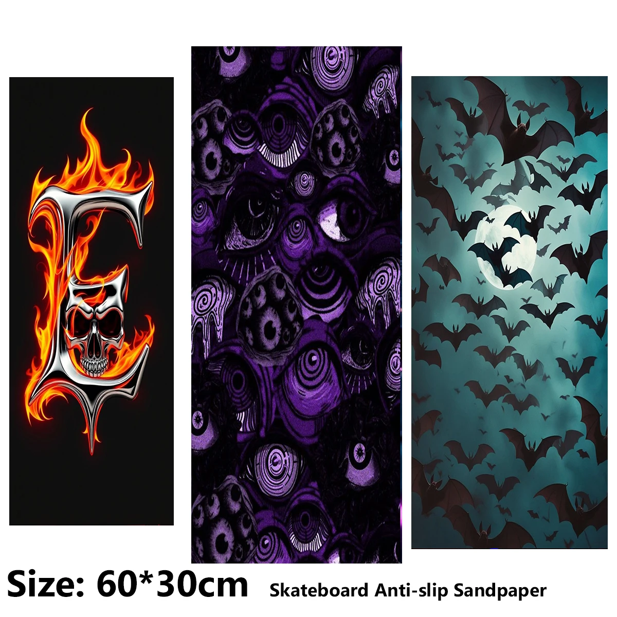 Electric Scooter Anti-slip Sticker Sandpaper Skateboard GripTape Sheet 60*30cm Flaming Letters, Eyeball, Bat Pattern