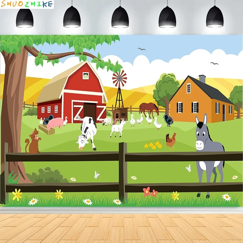Фермерская сцена старый фермер человек и милые животные фотографии фонов красный сарай ветряная мельница молочная корова фон для дня рождения NC-03