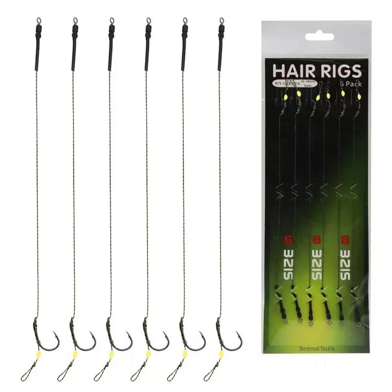 6-teiliges Karpfenangelhaken-Set mit vorgefertigten Haken und Schnüren, Größe 2 # /4 # /6 # /8 # Professionelles Karpfenangel-Zubehör Hooklink