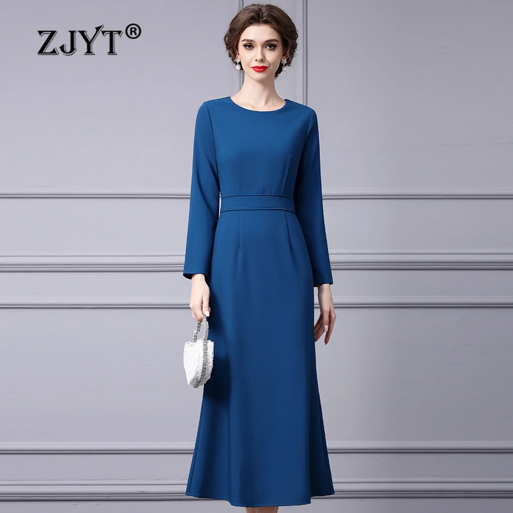 

ZJYT Spring 2024 Long Sleeve Midi Dress for Women Designer Elegant Blue Mermaid Party Dresses Simple Solid Casual Vestidos Robe