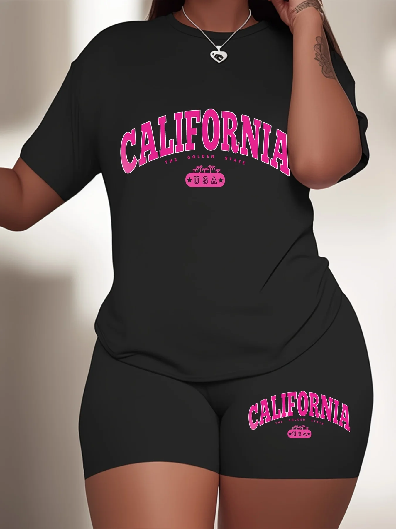 Plus Size California Two-Piece Sport Set Vibrant Graphic Print Short Sleeve T-Shirt, Comfortable Shorts, Casual Outfit for Women