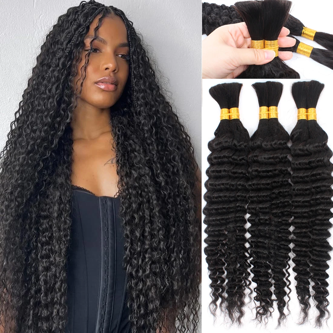 Human Braiding Hair for Boho Braids 20 Inch Curly Wave Bulk Bundles Deep Wave Knotless Bohemian Braid Natural Color