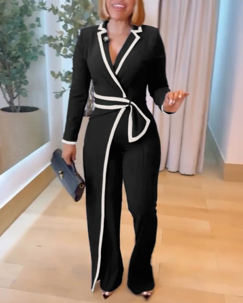 

Весенний женский рабочий комбинезон с контрастными панелями и зубчатым воротником, мягкими плечами, повседневный комбинезон на молнии сзади и запахом спереди