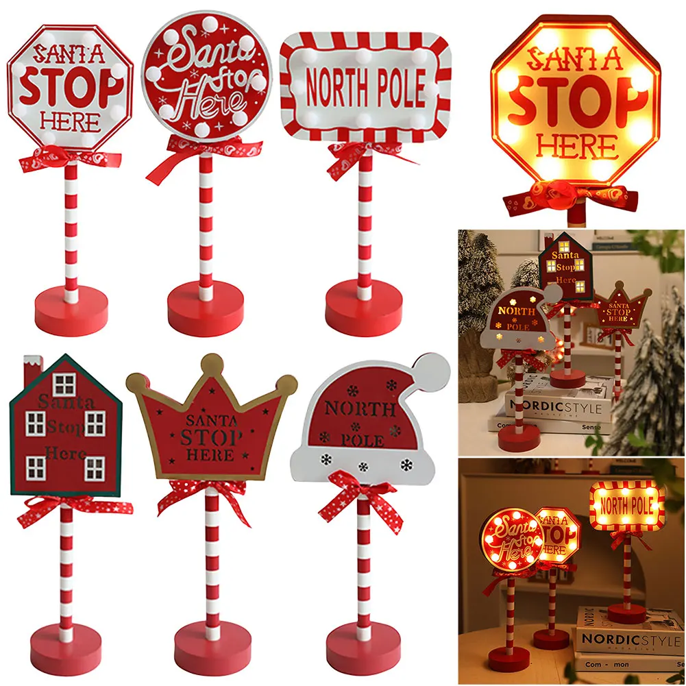 Santa Stop Here Sign LED Light Yard Sign Decorations Wooden Xmas Table Decoration Warm Light Christmas Sign Lamp for Home Office