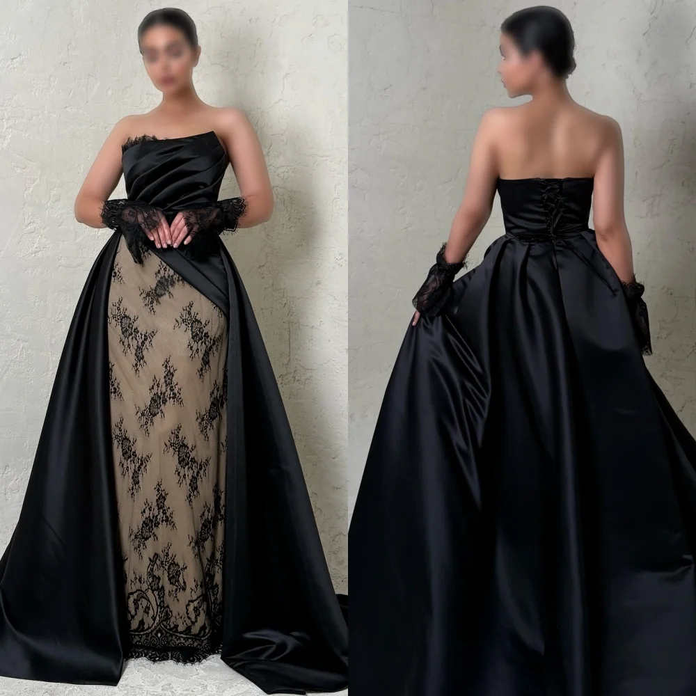 

Customized Fashion Matching Charmeuse Lace Pleat A-line Strapless Long Dresses Bespoke Occasion Dresses Sizes Available Classic