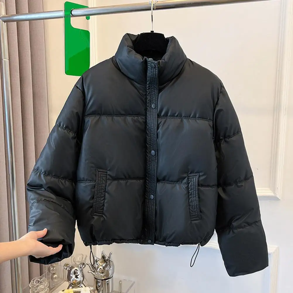 Women Solid Color Jacket Windproof Winter Down Coat with Stand Collar Pockets for Heat Retention Thickened Padded for Warmth