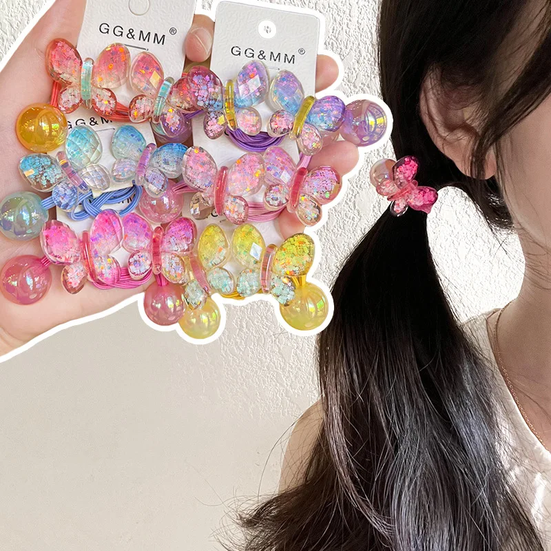 

Korean Cartoon Butterfly Hair Ropes with Jelly Beads Ombre Color Non Slip Ponytail Holders for Girls Soft Non Damage