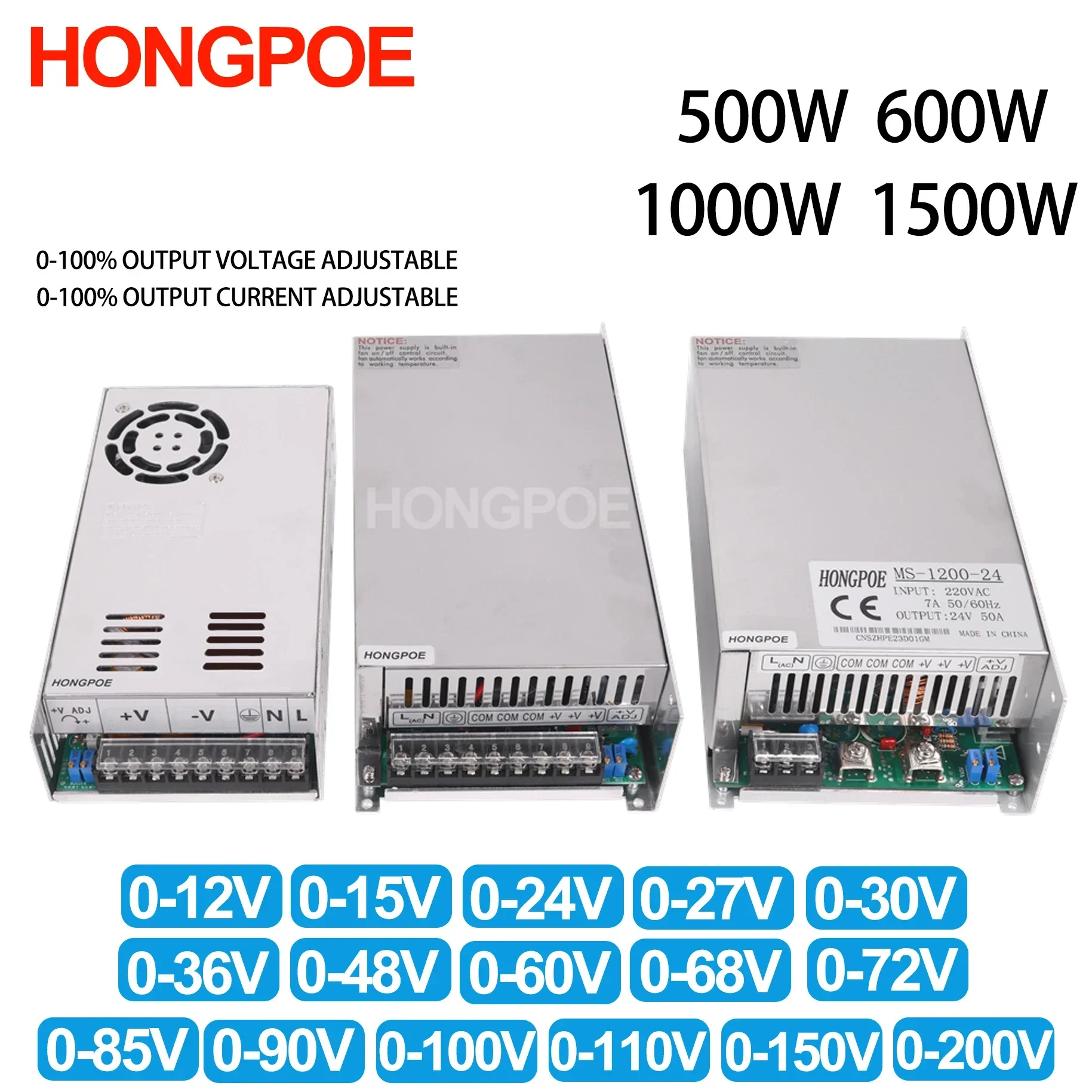 

500W 600W 1000W 1500W Adjustable Power Supply 0-12V 15V 24V 36V 48V 60V 72V 85V 90V 110V 150V 200V 110/220V Ac To Dc Smps