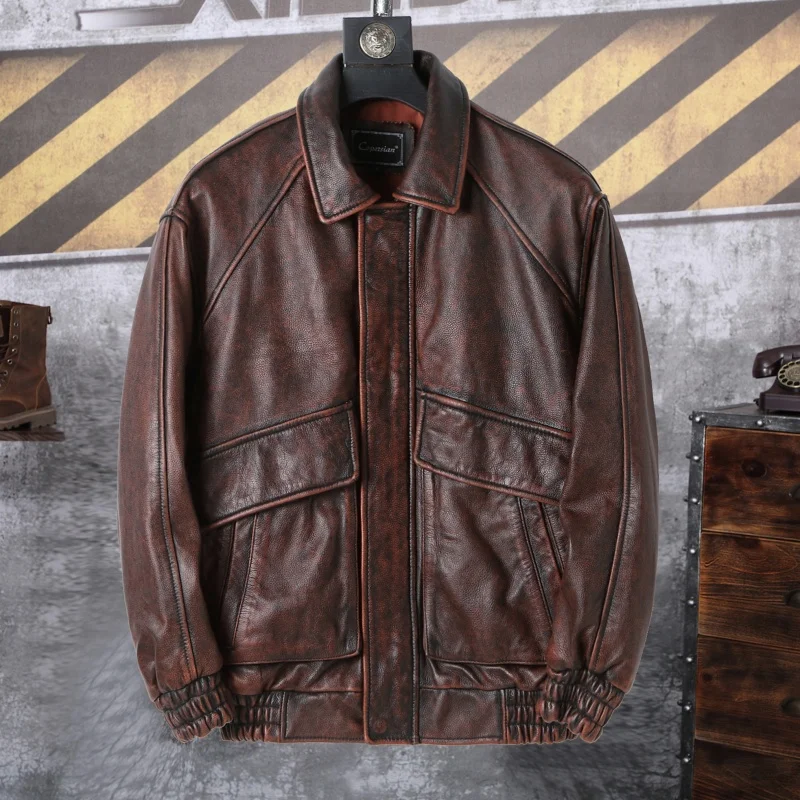 

Классический ретро широкий летный джет с верхним слоем из воловьей кожи, мужской гонконгский свободный кожаный джерт большого размера