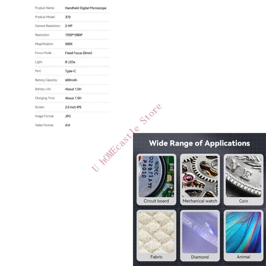 

63HF Microscope Magnifier 500x Высокое увеличение 8 Светодиодное освещение Увеличивающее стекло для коллекционера монет и