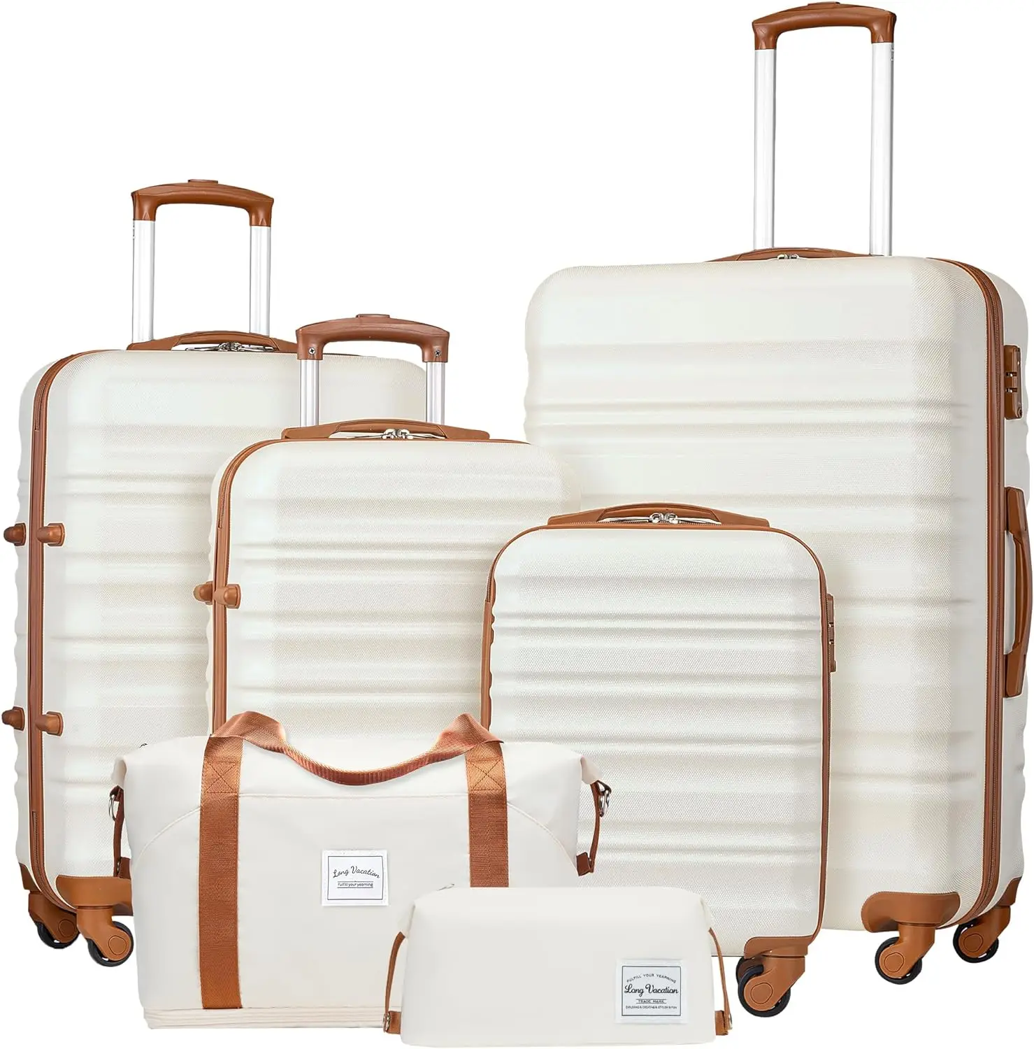 LONG VACATION Luggage Set 4 Piece Luggage Set ABS hardshell TSA Lock Spinner Wheels Luggage Carry on Suitcase (WHITE-BROWN,