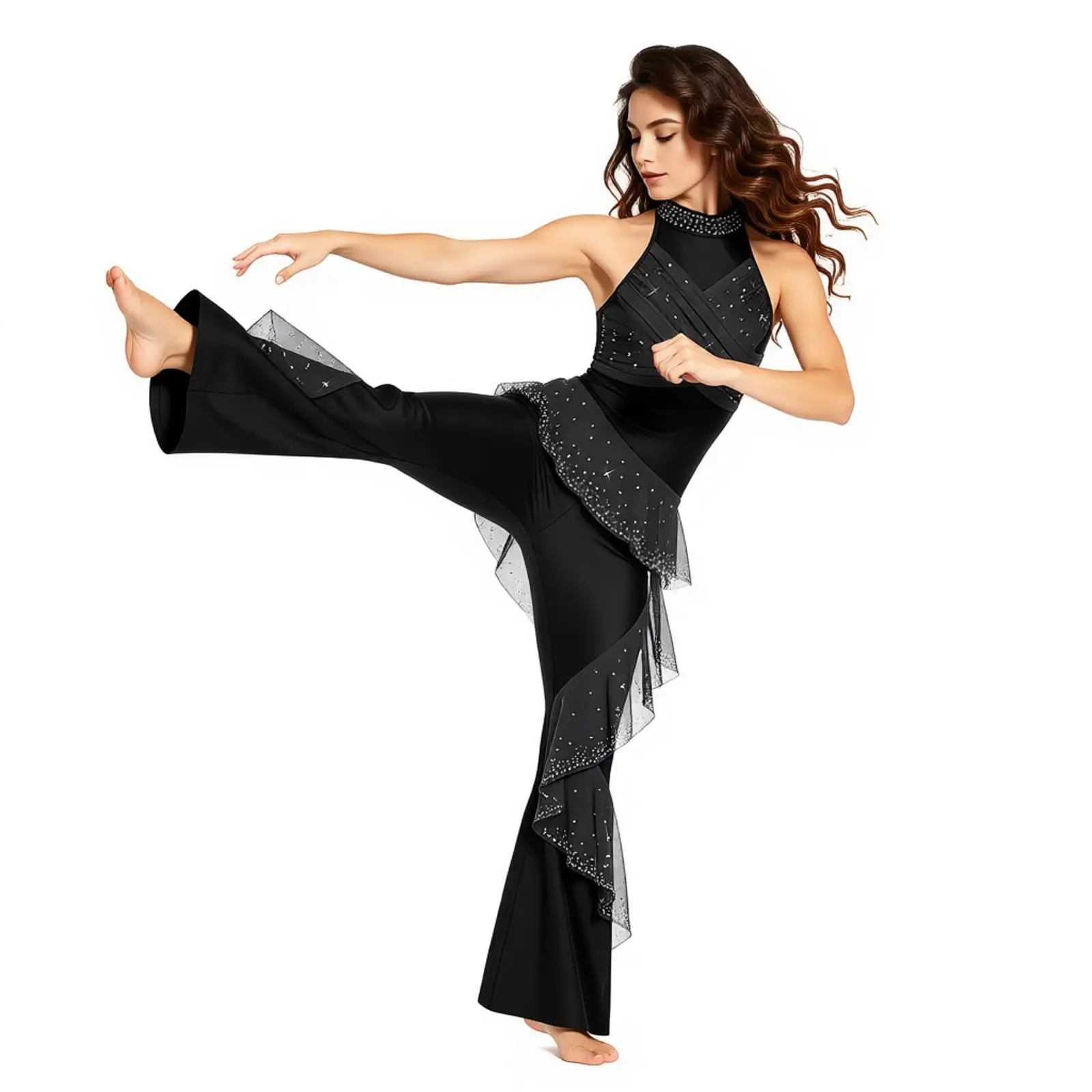 Damen Jazz Gymnastik Eiskunstlauf Akrobatik Ballett Tanz Performance Kostüm Glänzende Strass Rüschen Mesh Ausgestellter Jumpsuit