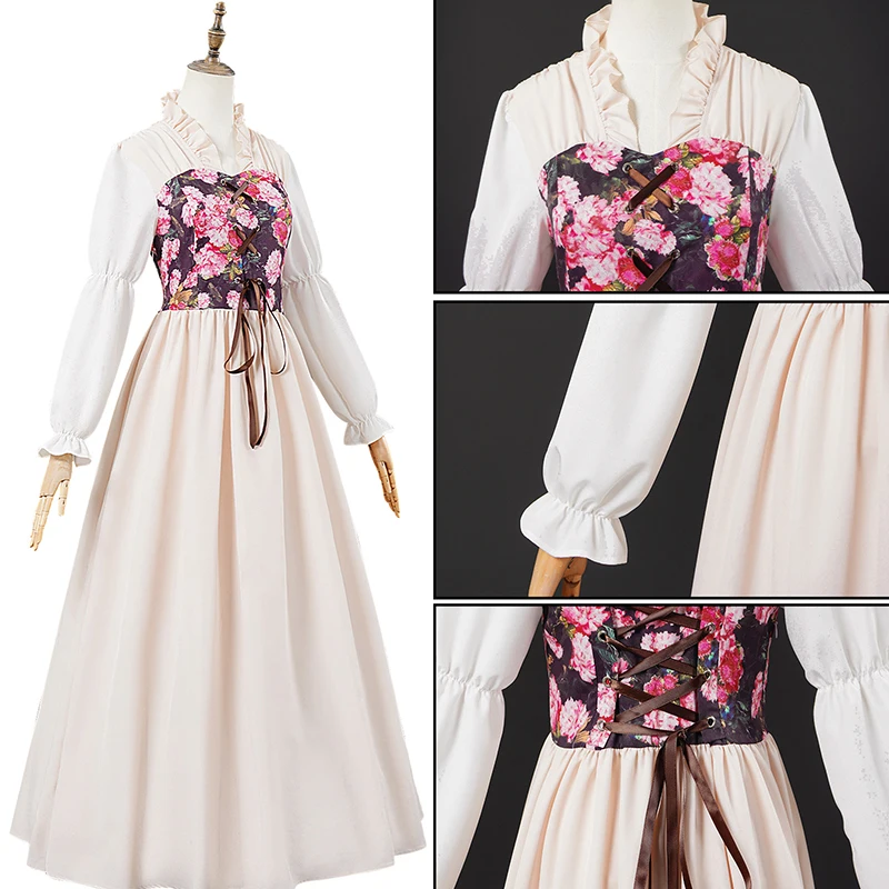 Women's Renaissance Irish Dresses Medieval Victoria Peasant Dress Pirate Costume Wench Retro Gown Smocked Waist Maxi Long Dress