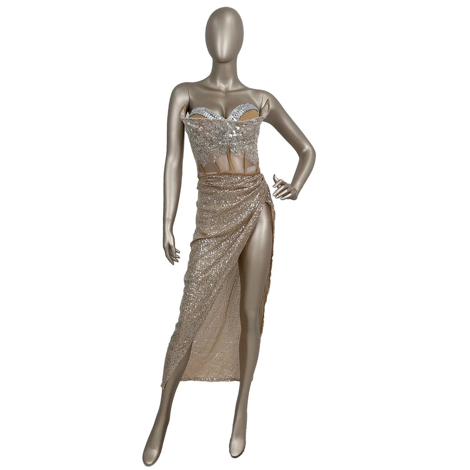 

Carnival Sparkly Sequins Crop Tops Long Skirt 2Pieces Set Women Birthday Party Outfit Strapless High Side Slits Dance Sexy Wear