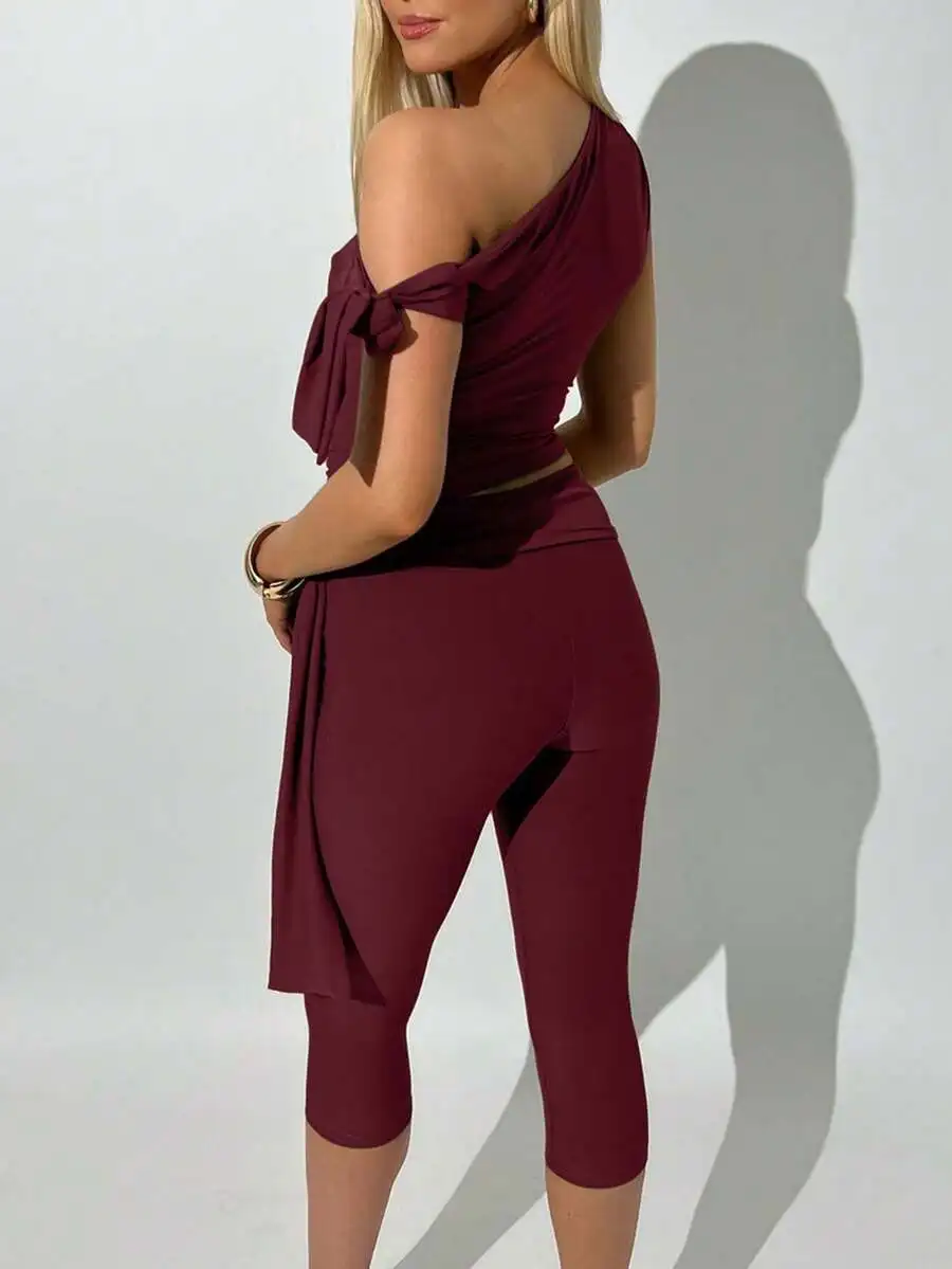 

2pcs Women Summer Solid Asymmetrical Neck Top And 7/8 Pants Set