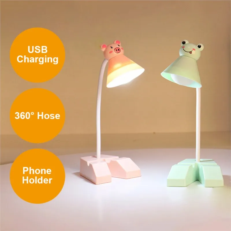 Cartoon Lampshade LED Desk Lamp with Phone Holder Base Push Buttion Switch on / Off USB Charging Table Light Study Room