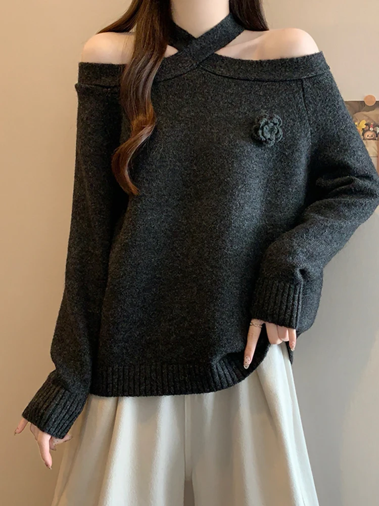 

Вязаный свитер с открытыми плечами, женский, свободного кроя, длинный рукав, повседневный, стильный, модный трикотажный топ