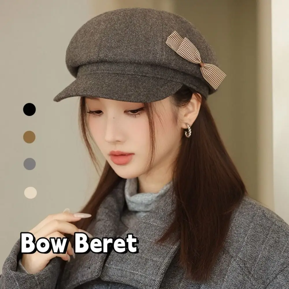 

Fashion Wool Bow Beret Solid Color Big Head Circumference Painter Hat Korean Style Versatile Newsboy Hat Streetwear