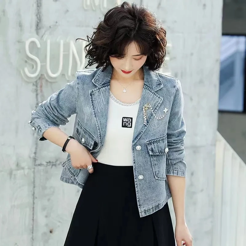 Vintage Denim Vrouwen 2025, Nieuwe Herfst Lente Koreaanse Mode Klepzak Vest Pak Kraag Cowboy Korte Jas Vrouwelijke Tops