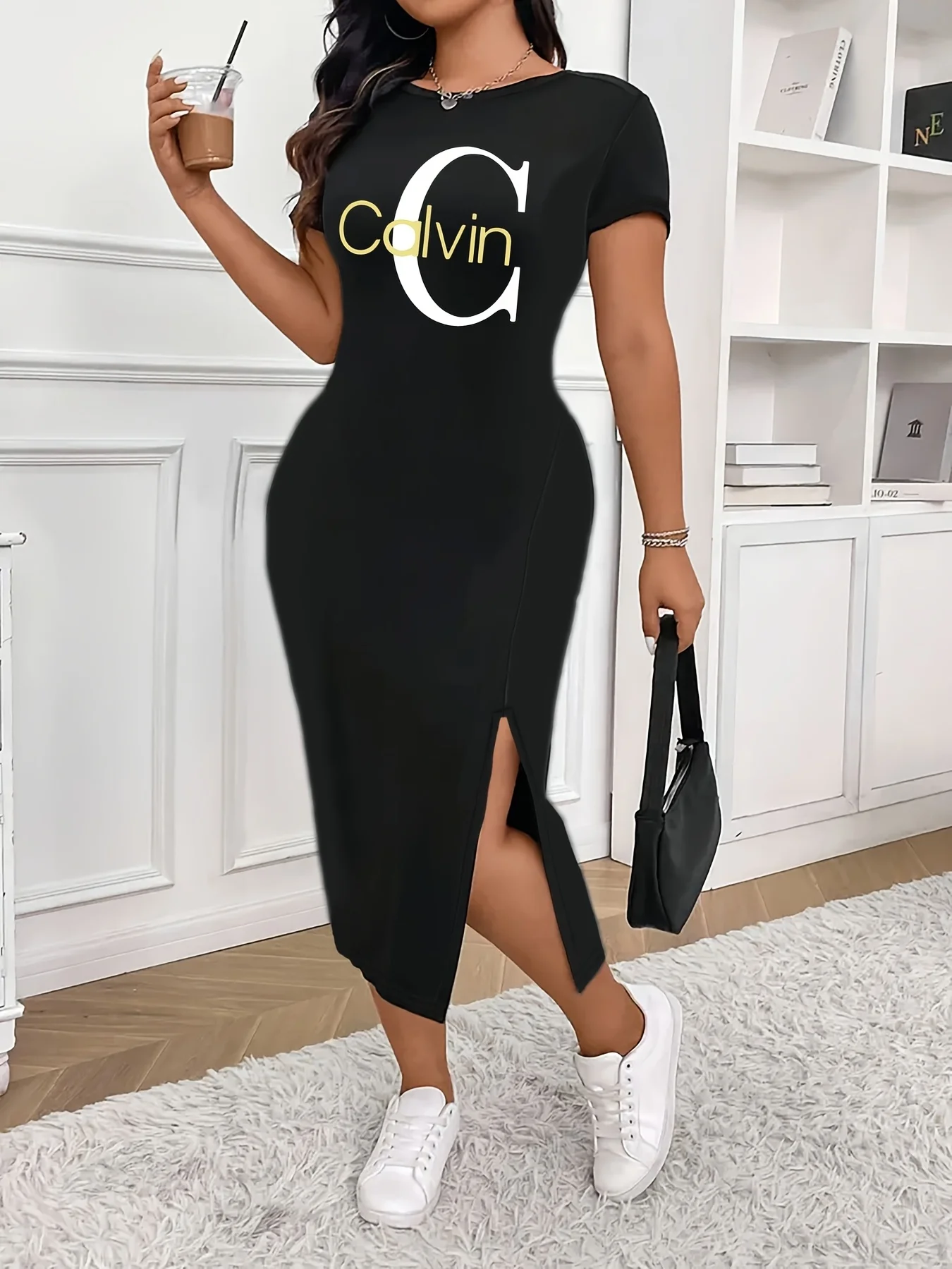 Robe d'été longue t-shirt pour femmes, noire, élégante, jupe fendue, graphique ours rose