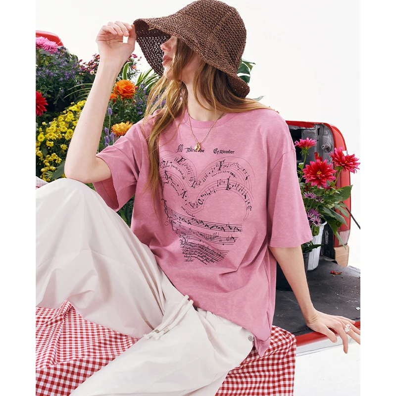 ELFSACK Heart Music Note Print Oversized T-Shirt, Versatile Daily Wear for Women, Vintage Distressed Casual Top
