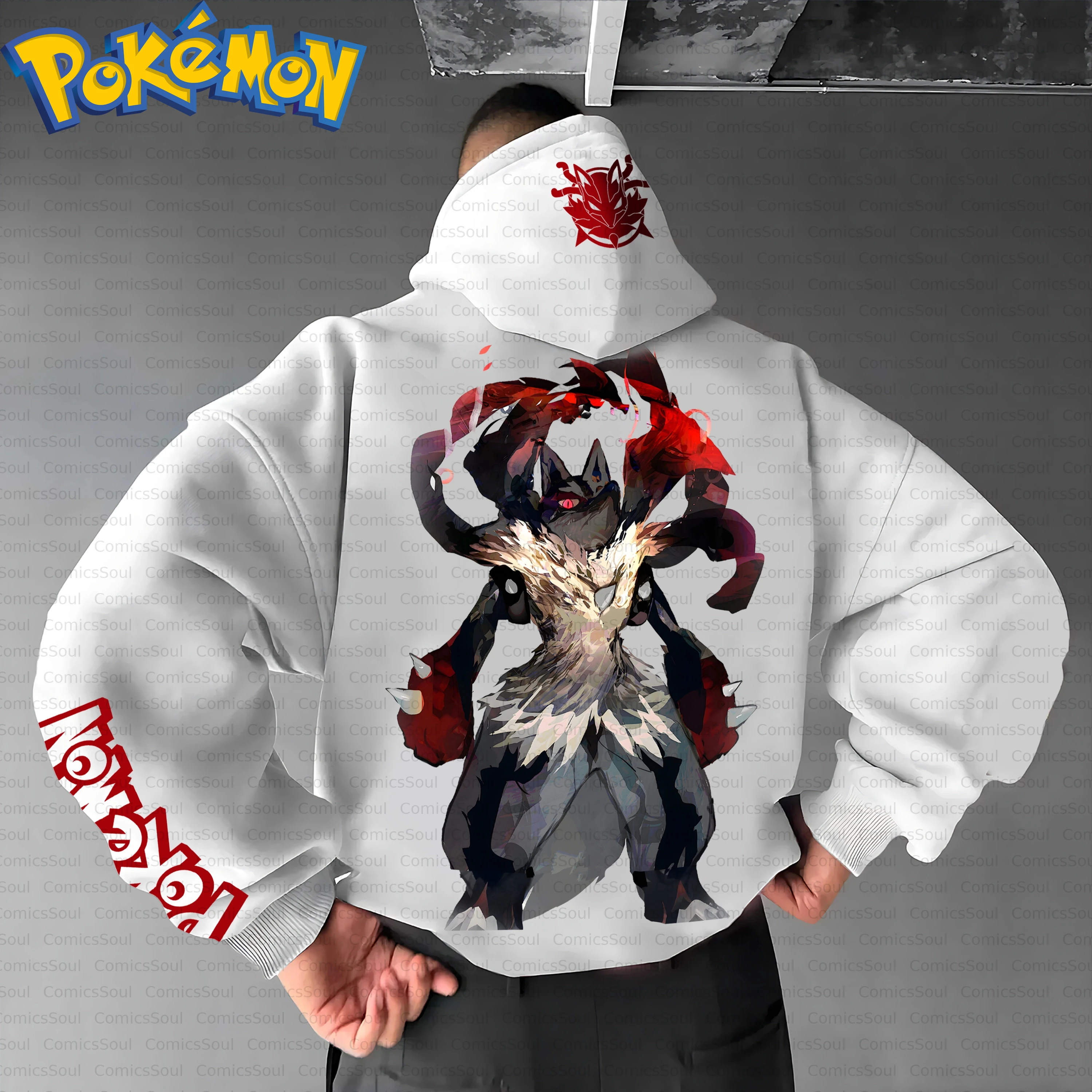 Conjunto de moletom com capuz Pokémon de algodão branco e calças Harajuku com estampa traseira de personagem de olhos vermelhos escuros e design de texto de manga roupa casual