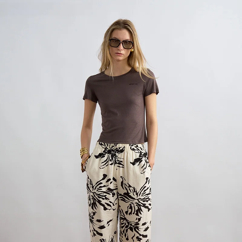 

JACQUES WEI Summer 2025 Brown round Neck Short Sleeve Casual T-Shirt Women's Silver Label Series Comfortable Cotton Blend Top
