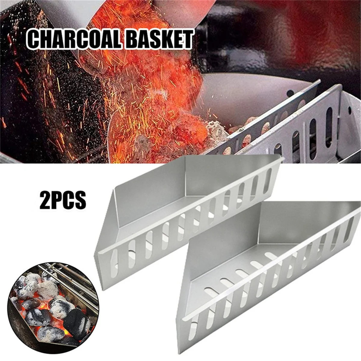 Charcoal Basket Stainless Steel Char Holder, Charcoal Container Contoured Carbon Briquet Grilling Baskets(2 Pieces)