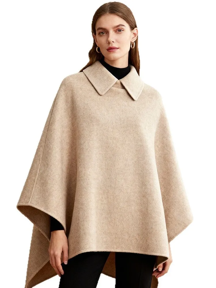 New Casual Loose Long Woolen Cape Coats Women Solid Lapel Length Outerwear Autumn Winter Fashionable Temperament Shawl Coat
