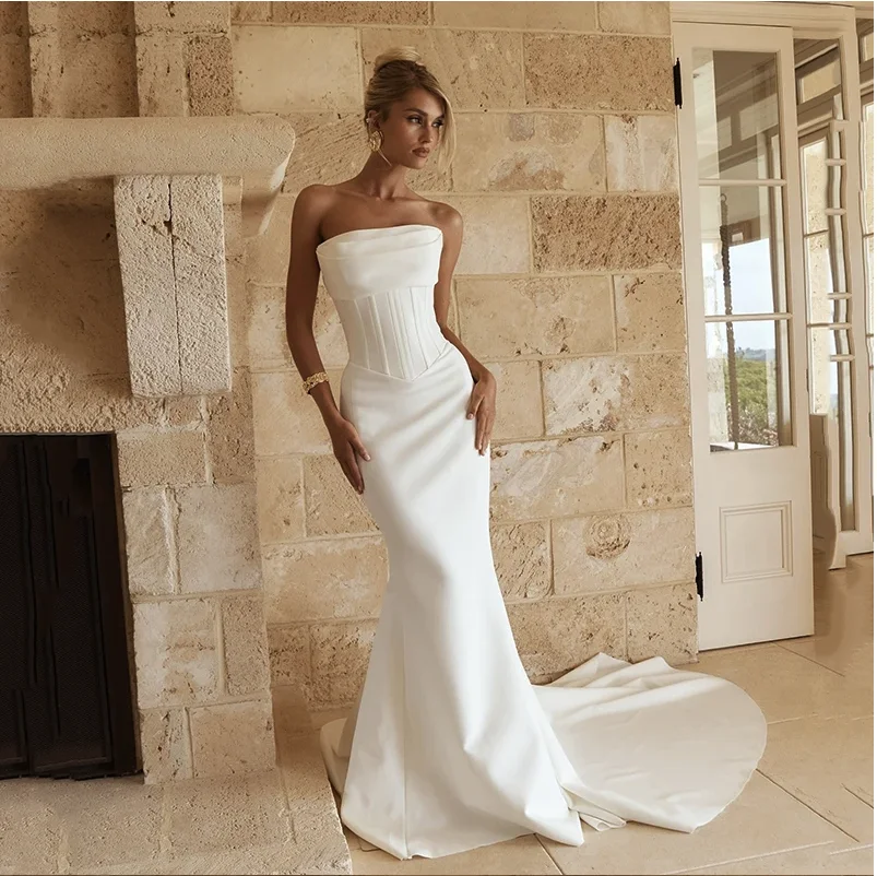 

Wedding Dress 2025 Customize To Measures For Women Boho Mermaid Strapless Sleeveless Sweep Train Satin Bridal Dress Simple