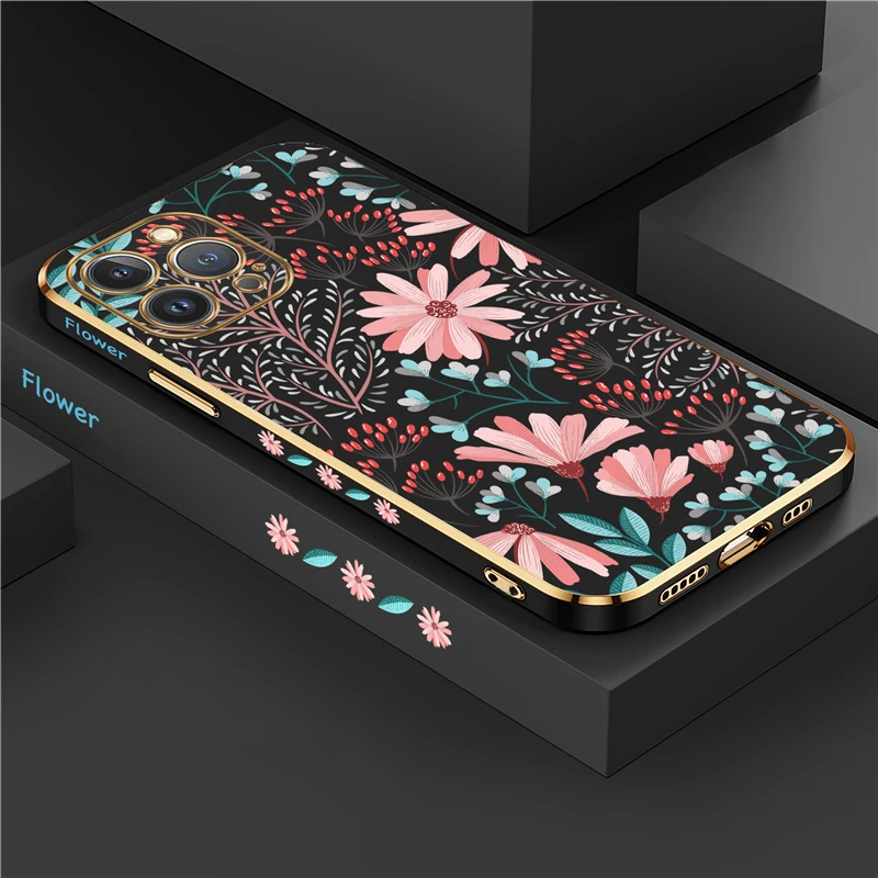 Flower Plating Silicone Phone Case For iPhone 11 12 13 14 Pro Max X XS XR 7 8 6 Plus SE 2020 Soft Cover Funda