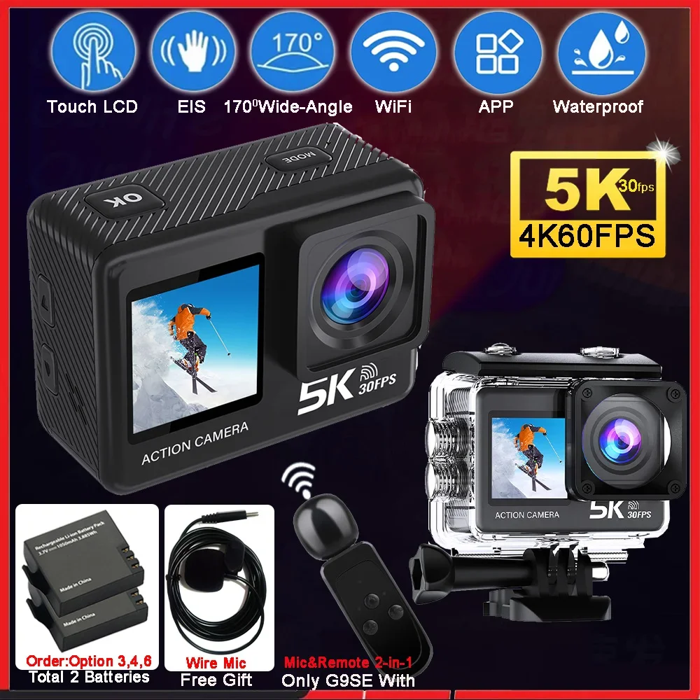 G9SE Action Camera 5K30fps 4K60fps 50MP 2.0 Touch LCD EIS DVR Webcam Dual Screen Wi-Fi 170D Waterproof 30M 5X Zoom Sports Camera