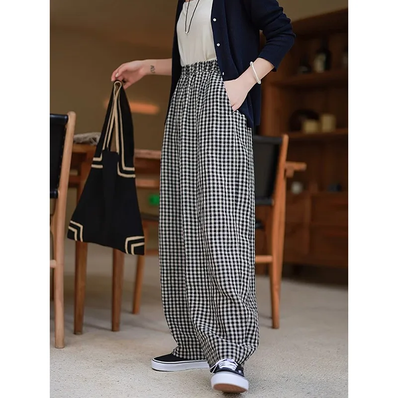 New 2024 Summer Arts Style Women Elastic Waist Loose Ankle-length Pants All-matched Casual Cotton Linen Plaid Harem Pants