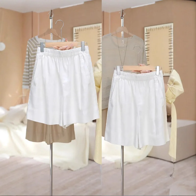 شورت نسائي من الكتان، ملابس صيفية بيضاء رفيعة، شورت متوسط الطول كاجوال بخمس نقاط