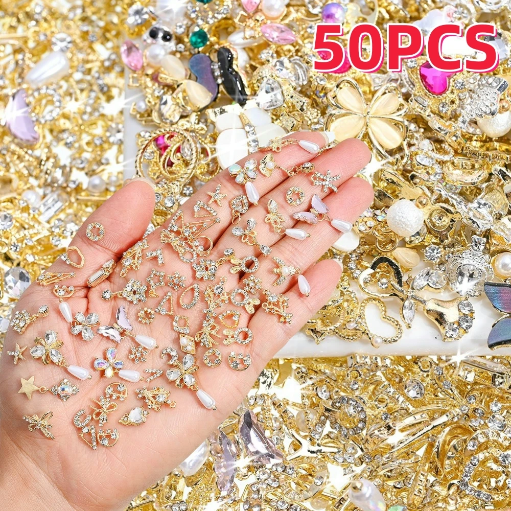 50pcs 3D Luxury Nail Rhinestones Gold/Silver Mixed Style Flat Back Zircon Nail Charms Jewelry Crystal Nails Art Decoration Parts