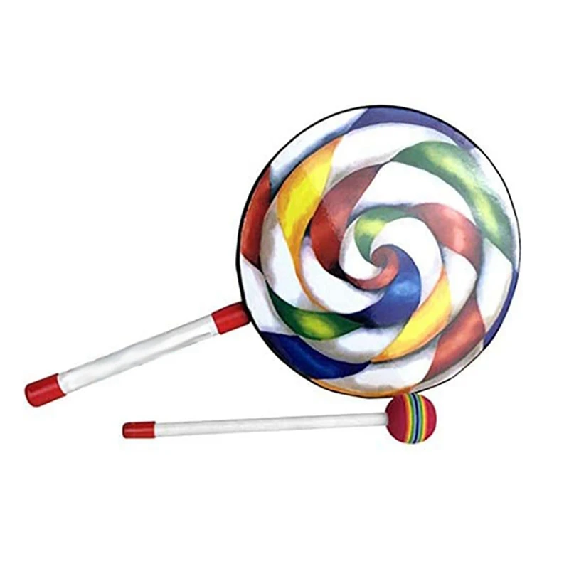 2Pcs 8Inch Lollipop Shape Drum With Mallet Rainbow Music Rhythm Instruments Kids Baby Children Playing Toy