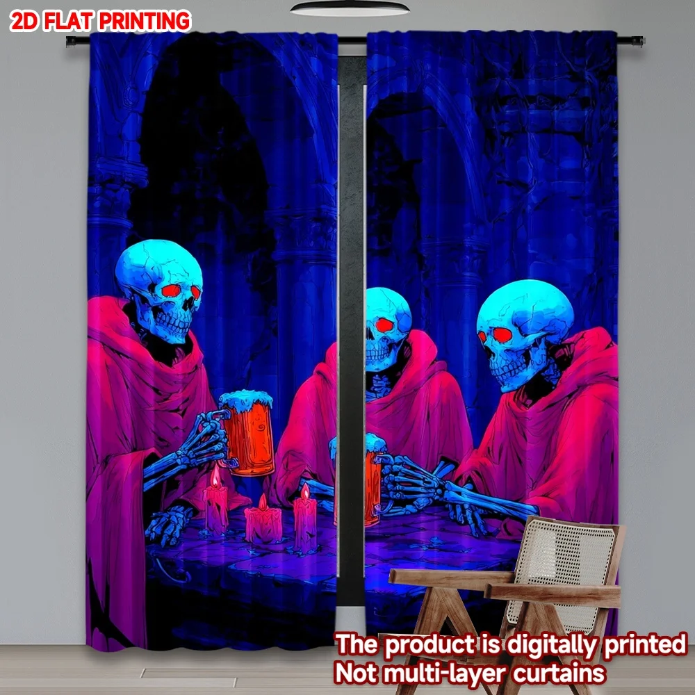 

2D плоская цифровая печать, 2 шт. штор для окон с изображением скелетов, пьющих пиво, на Хэллоуин, полиэстеровые занавески для семейных вечеринок