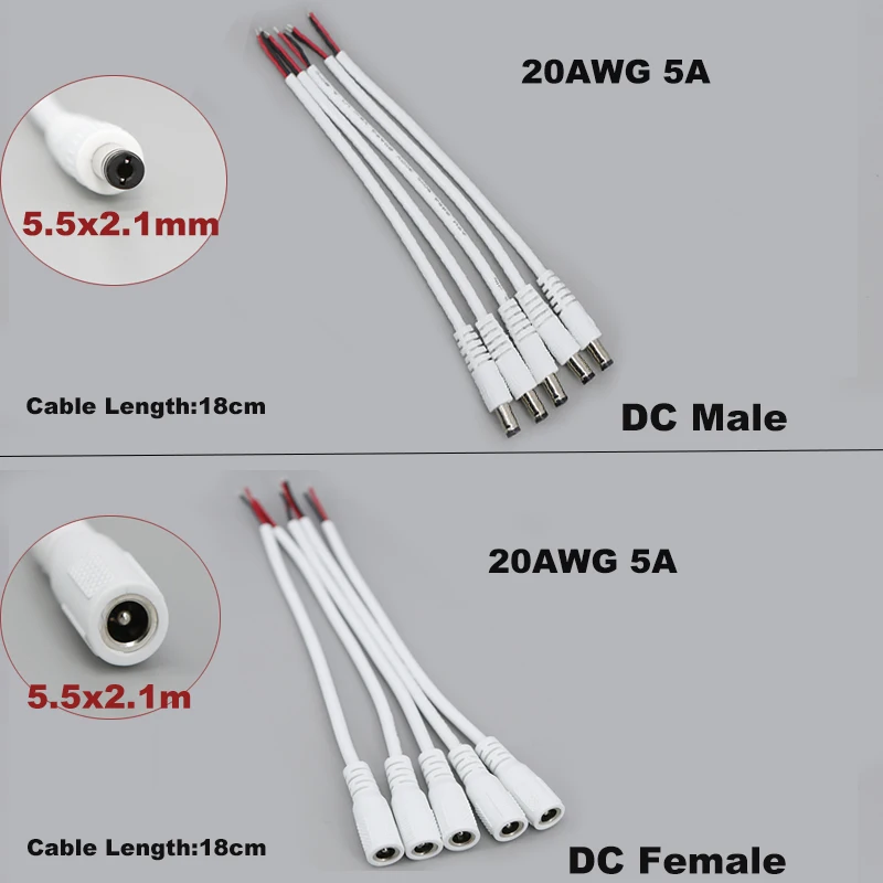 

5pcs White 18cm DC male female Power Extension Cable 12V Connector 20awg 5A Cord 2.1x 5.5mm For LED Strip Camera