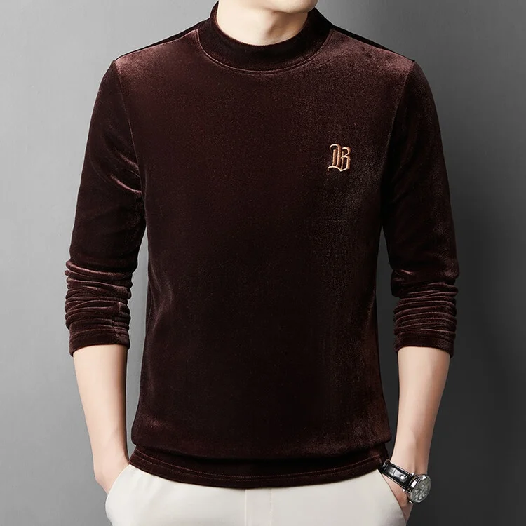 

Men's Gold Velvet Sweatshirt Thin Long Sleeve Overhead Warm Underwear Spring Autumn Half High Collar Base Shirt T-Shirt