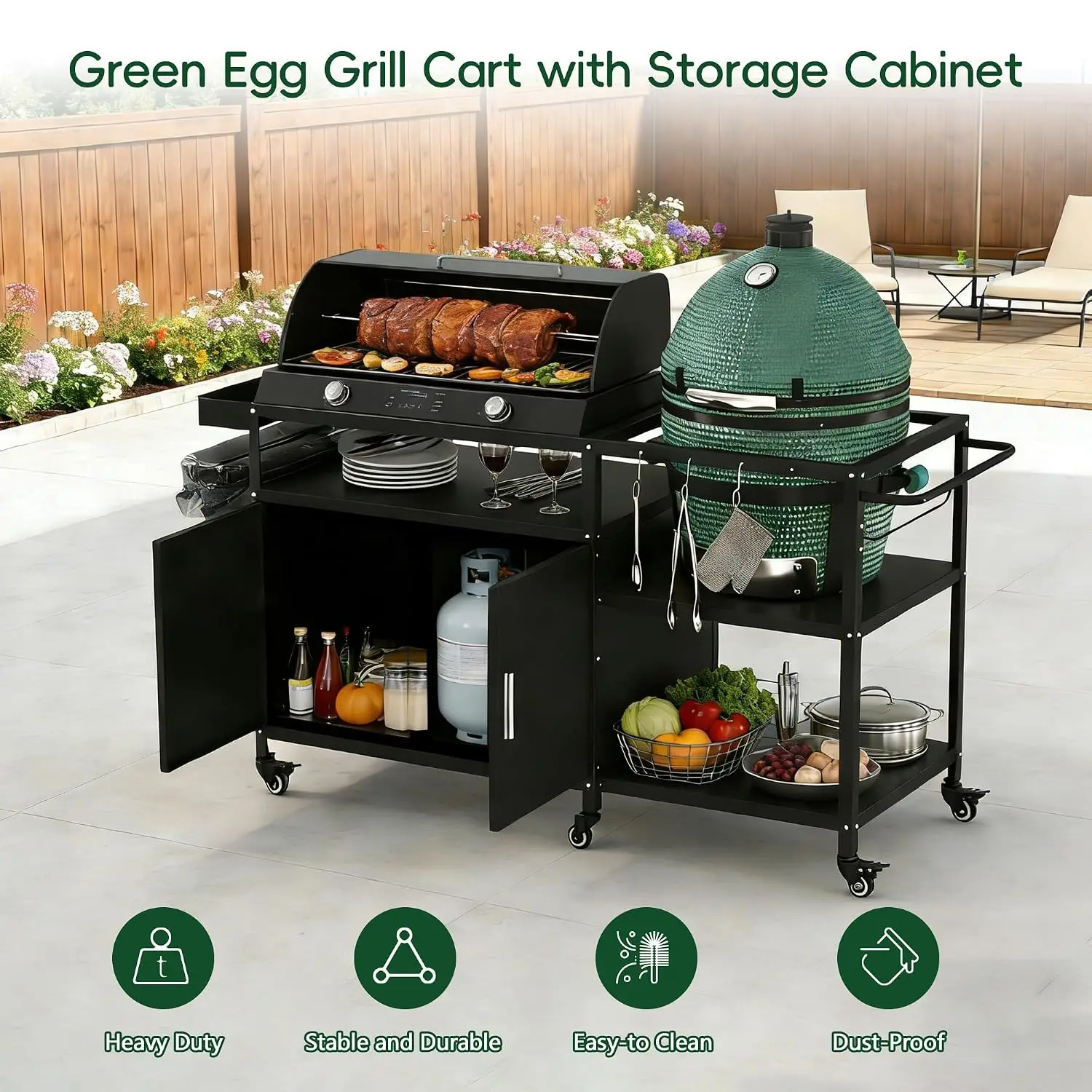 Grill Cart for Ceramic Grills, Heavy Duty Metal Table with Storage & 6 Wheels, Outdoor Kitchen Station, Customized