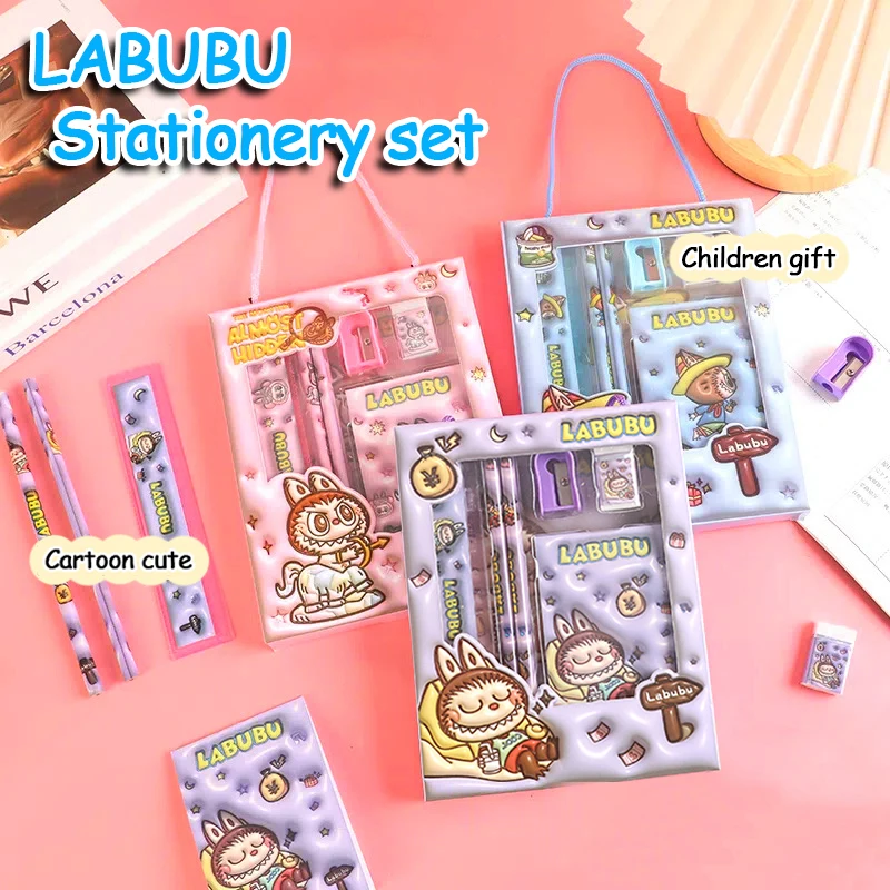 Labubu Cartoon Stationery Set Gift Box Cute Pencil Eraser Set Kid Term Begins Stationery Gift Pack Childrens Gift Happy Learning