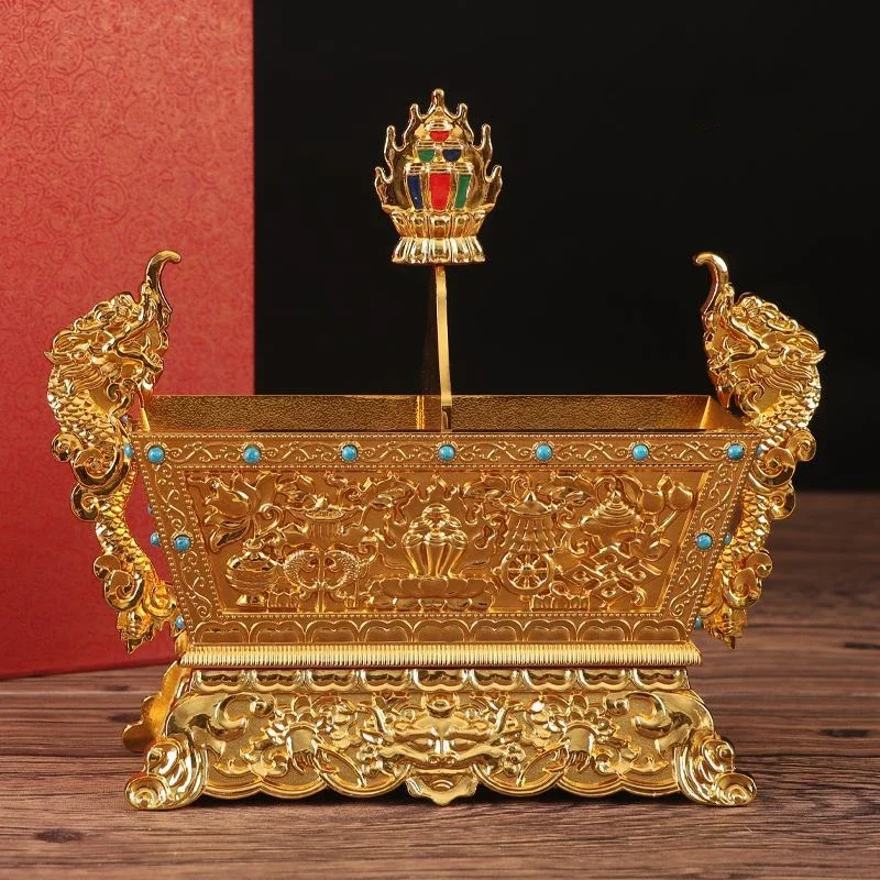 

Golden Tibetan Storage Box Resin Handicraft Eight Auspicious Painting Tantric Five Organizer Buddhist Desktop Altars Decorative