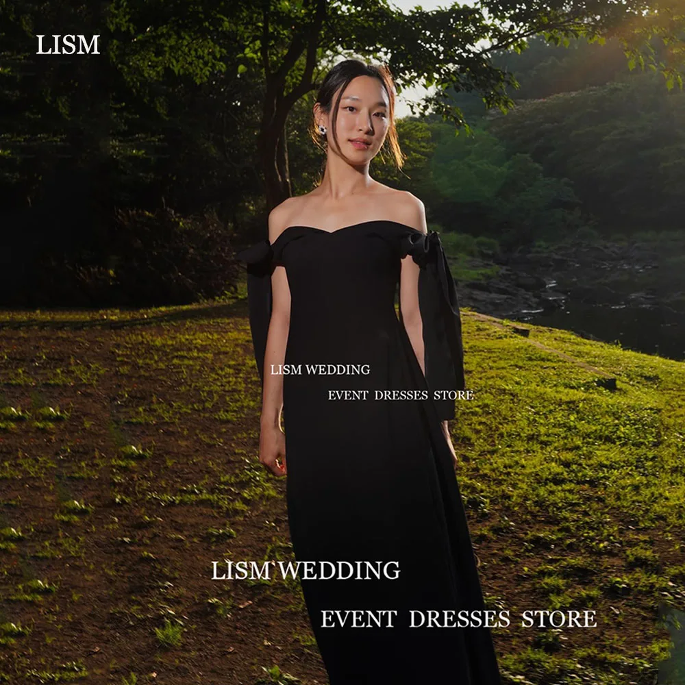 

LISM Simple Black Evening Dress Korea Photo Shoot Satin Off Shoulder A Line Wedding Party Dresses Floor Length Prom Gown