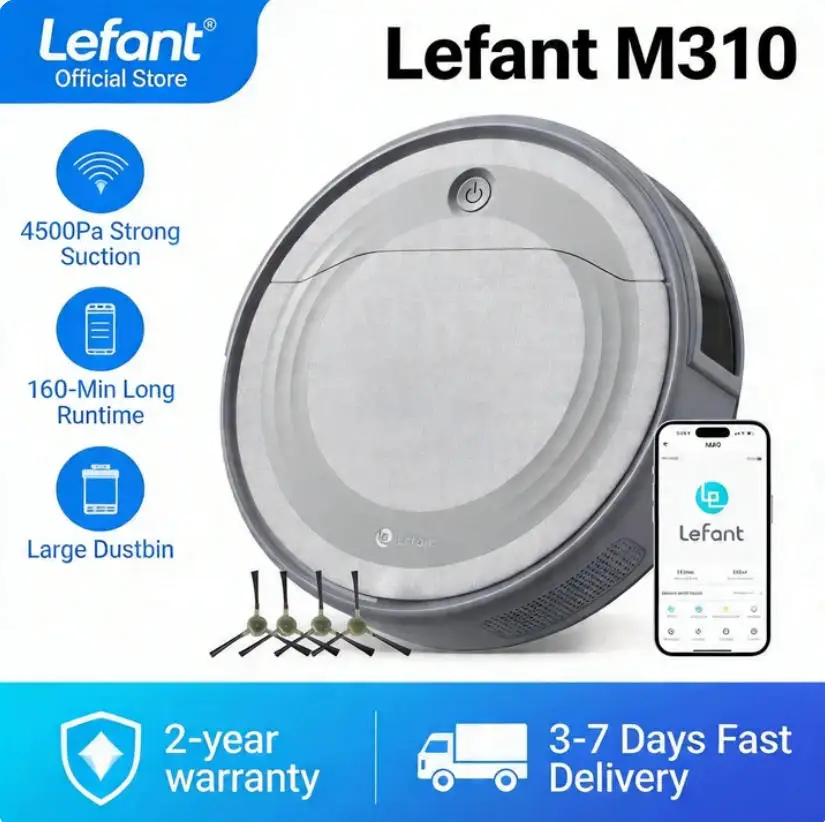 

Робот-пылесос Lefant M310 — всасывание 4500 Па, ультратонкий и тихий, предотвращение препятствий, Wi-Fi/приложение/голосовое управление